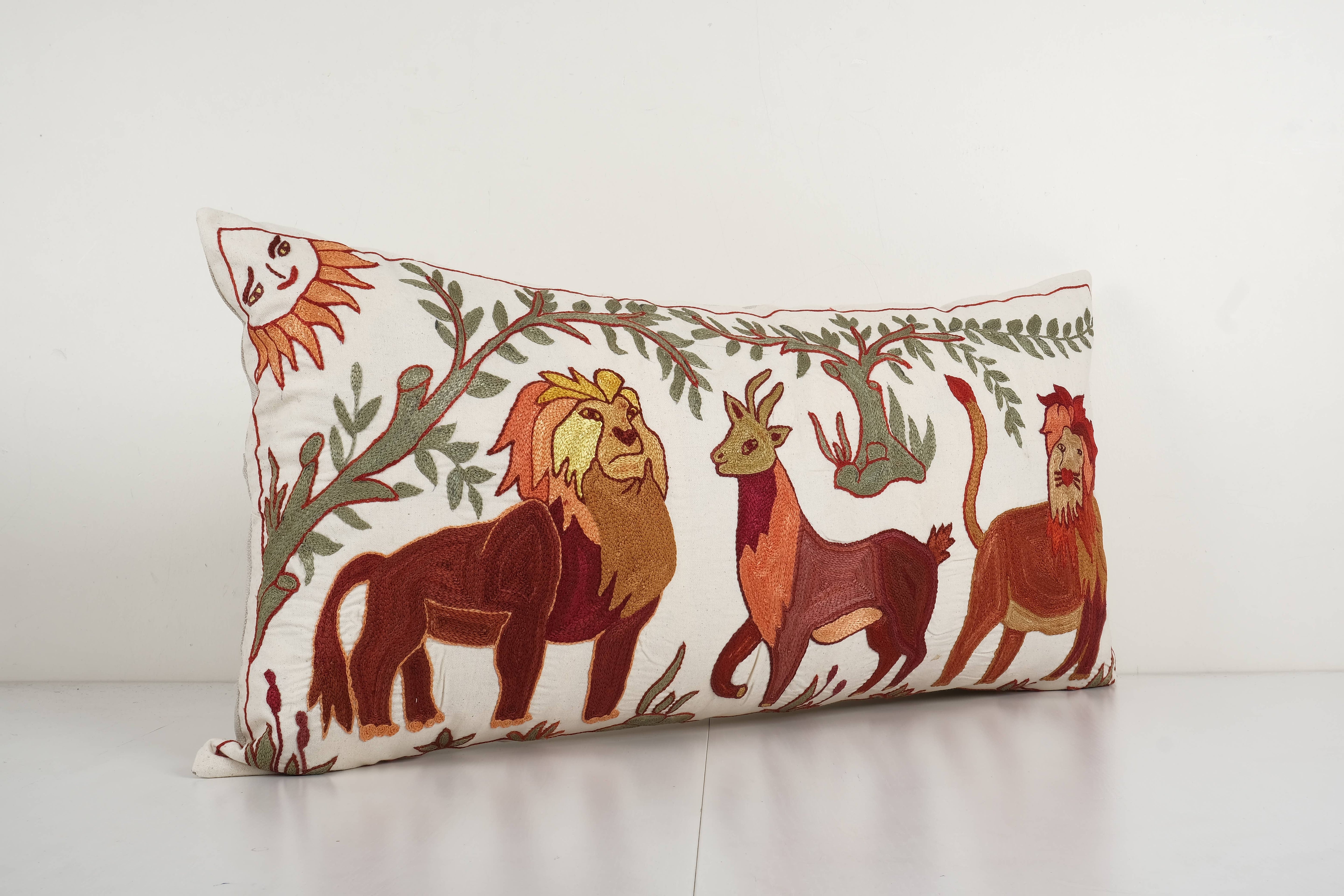 Lion Suzani Bedding Pillow Cover | 18'' x 33''