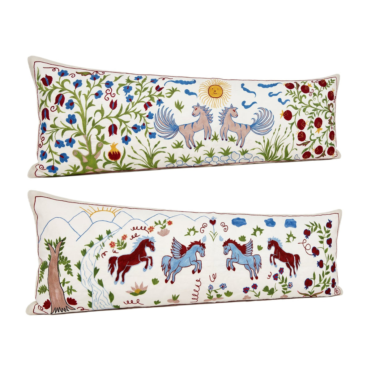 Uzbek Suzani Bedding Pillow Cover Set of 2 | 18'' x 54'' - left angle