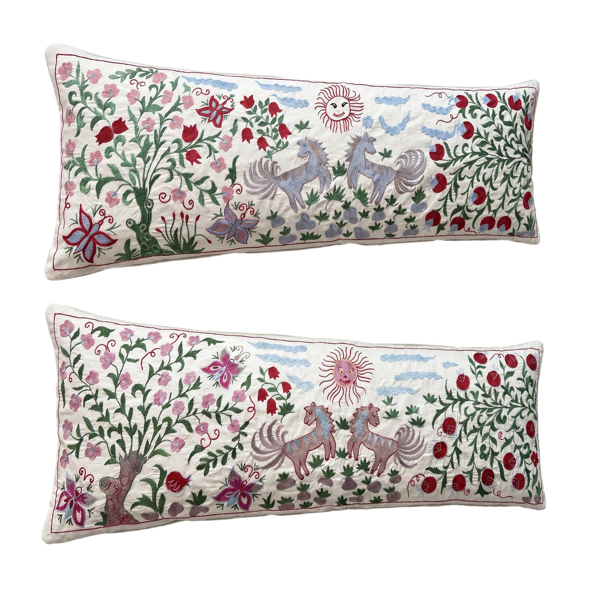Uzbek Suzani Bedding Pillow Cover Set of 2 | 18'' x 52'' - left angle