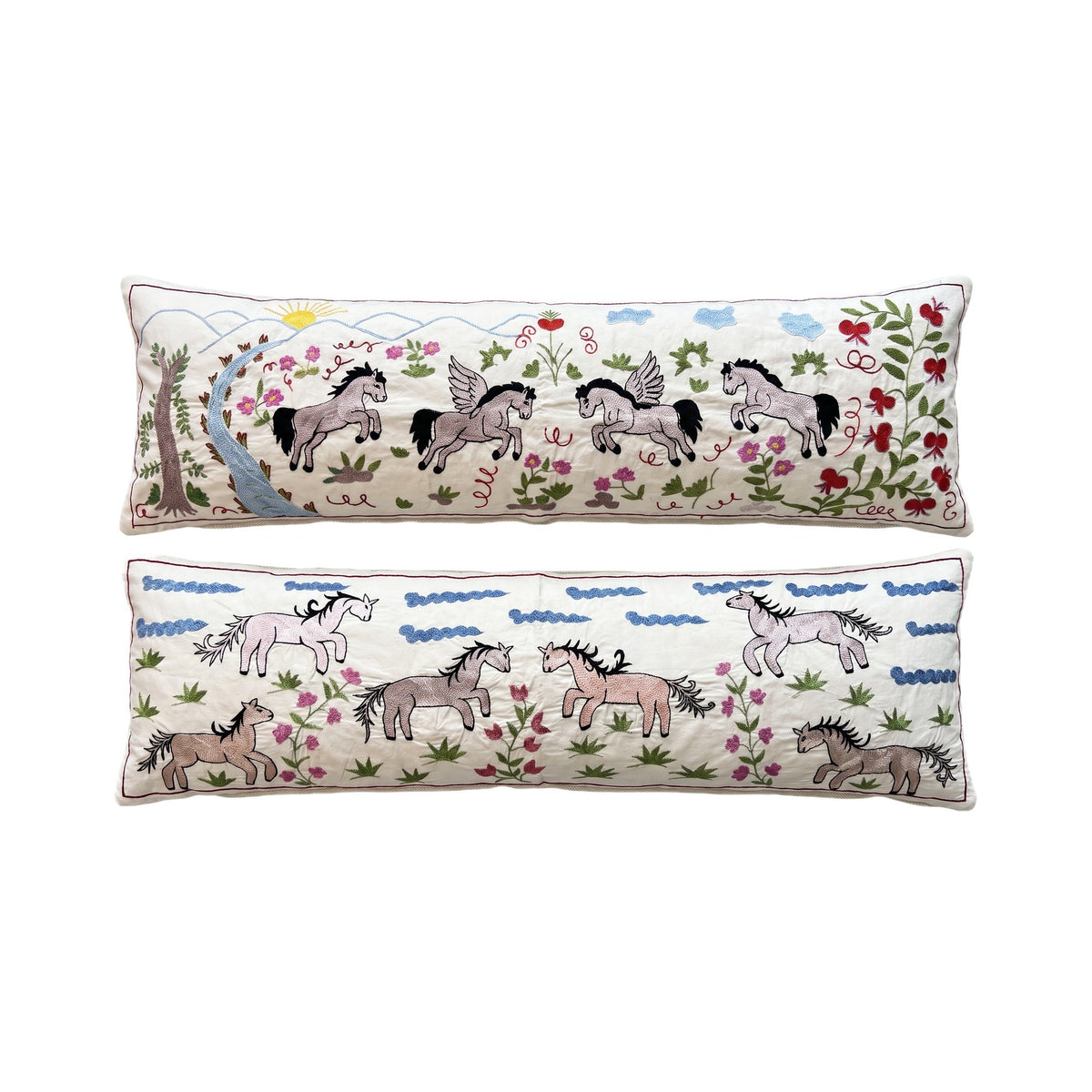 Uzbek Suzani Bedding Pillow Cover Set of 2 | 17'' x 52'' - front view