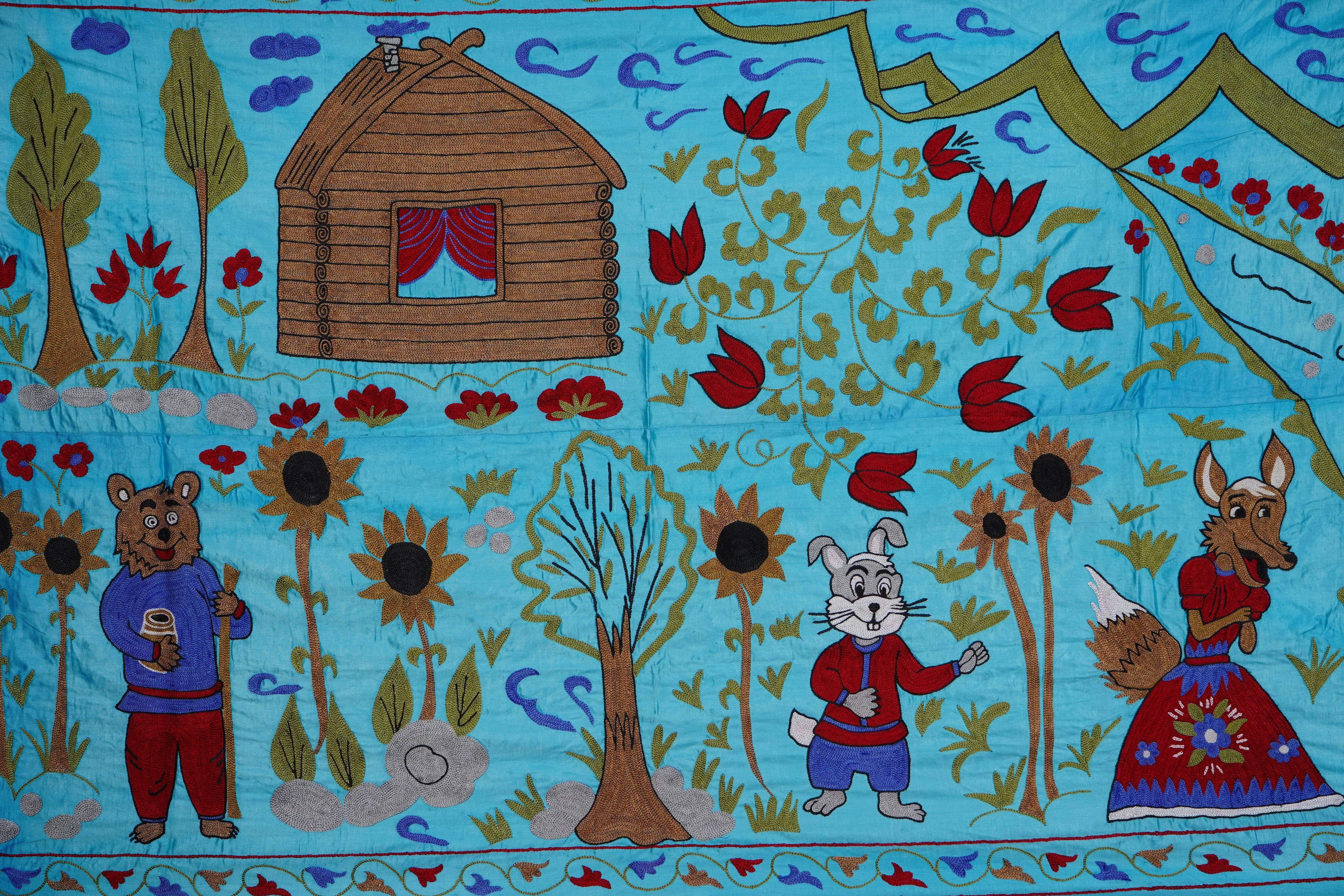 Hand-Embroidered Suzani Wall Hanging & Bedspread 3'5'' x 6'3''