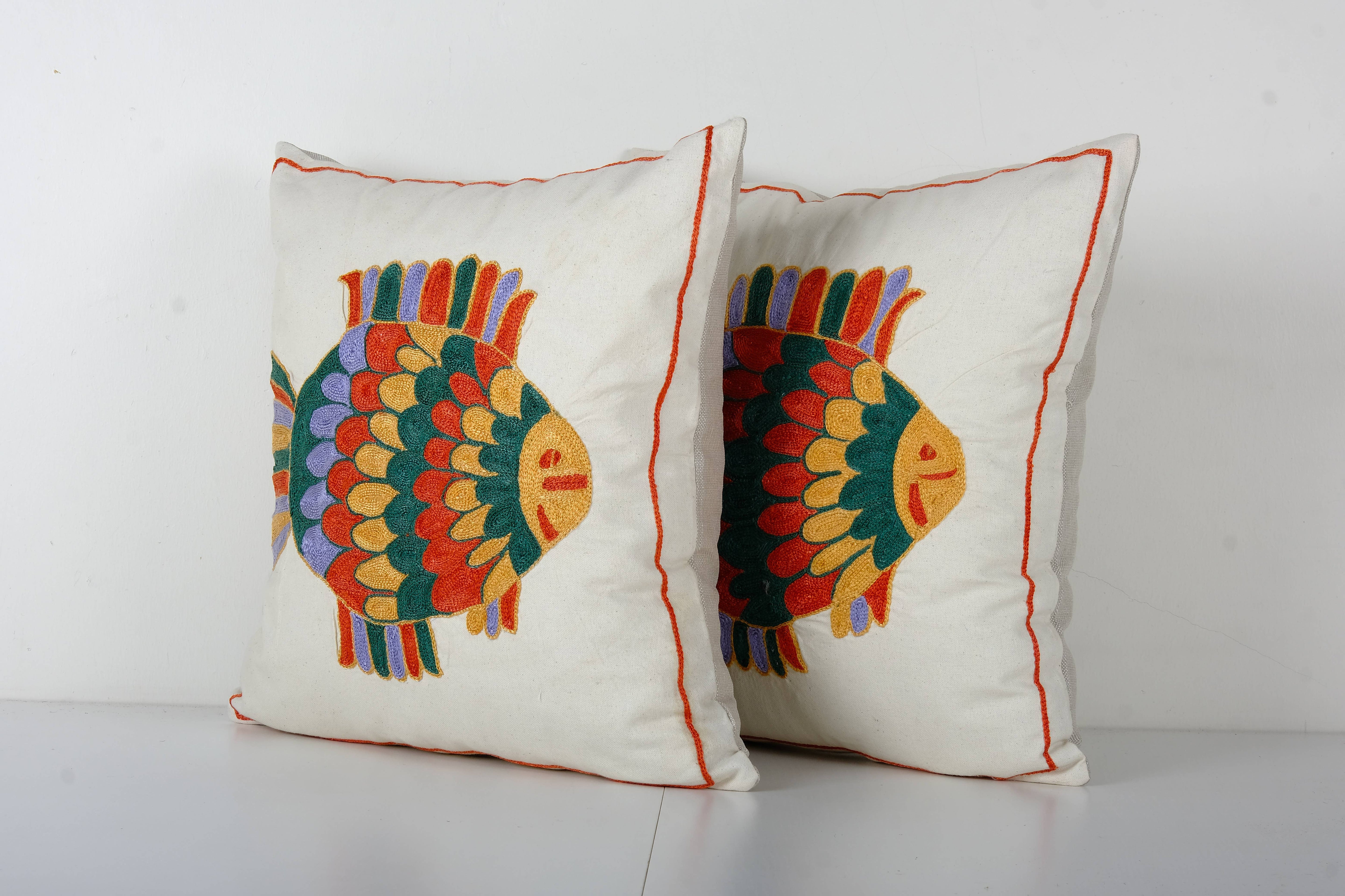 Fish Suzani Pillow Cover Set of 2 | 17'' x 18''