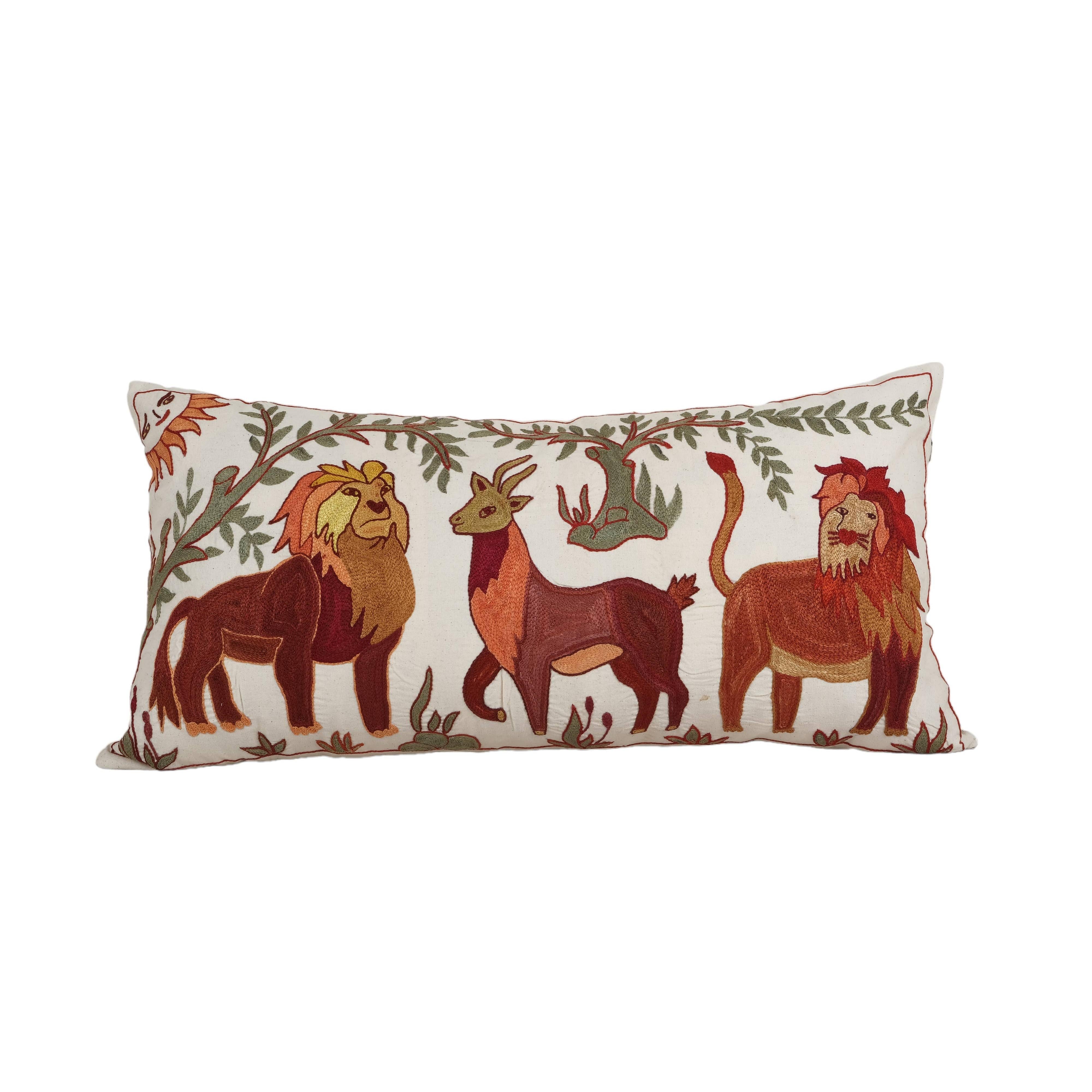 Lion Suzani Bedding Pillow Cover | 18'' x 33''