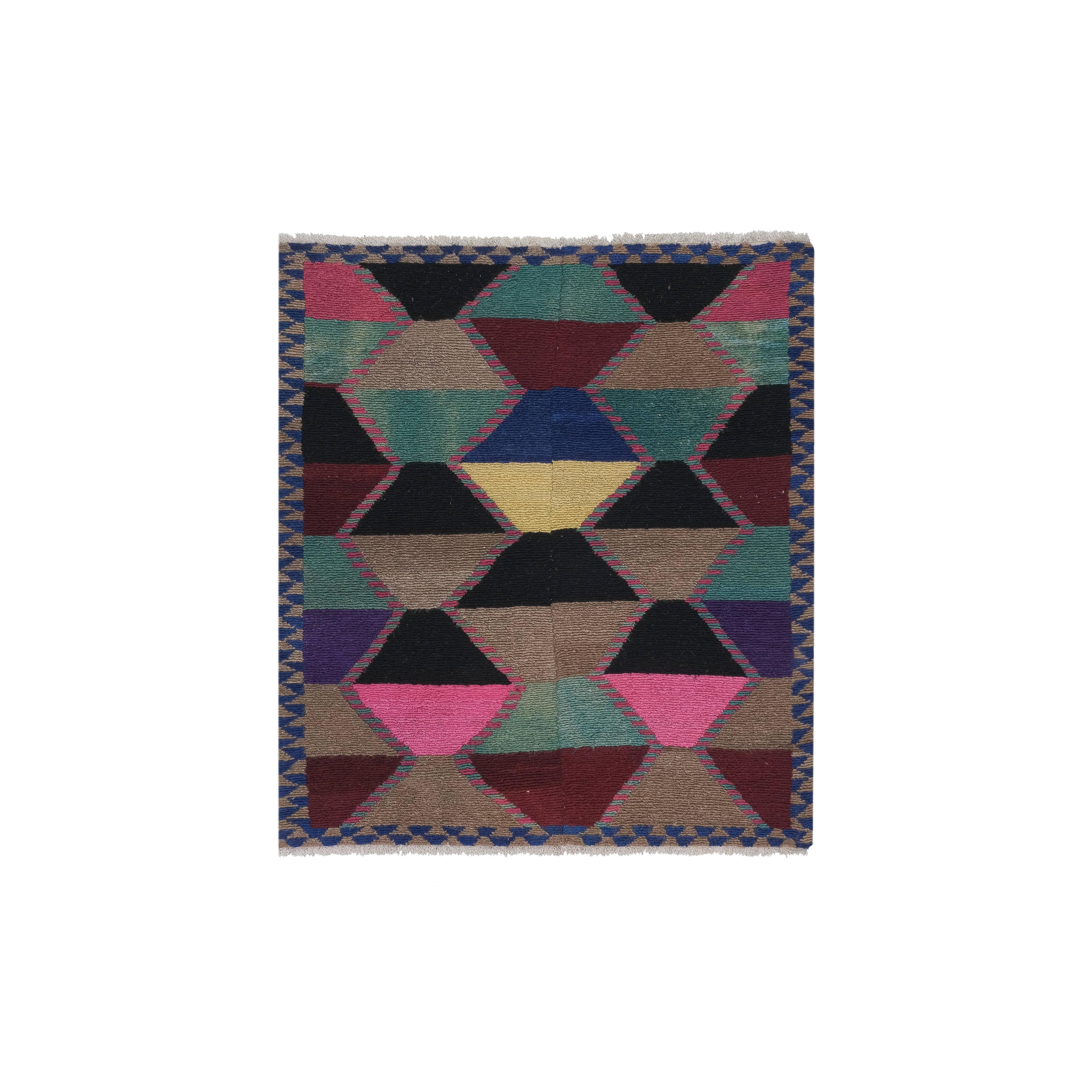 Vintage Checkered Turkish Shaggy Tulu Rug 49'' x 56''