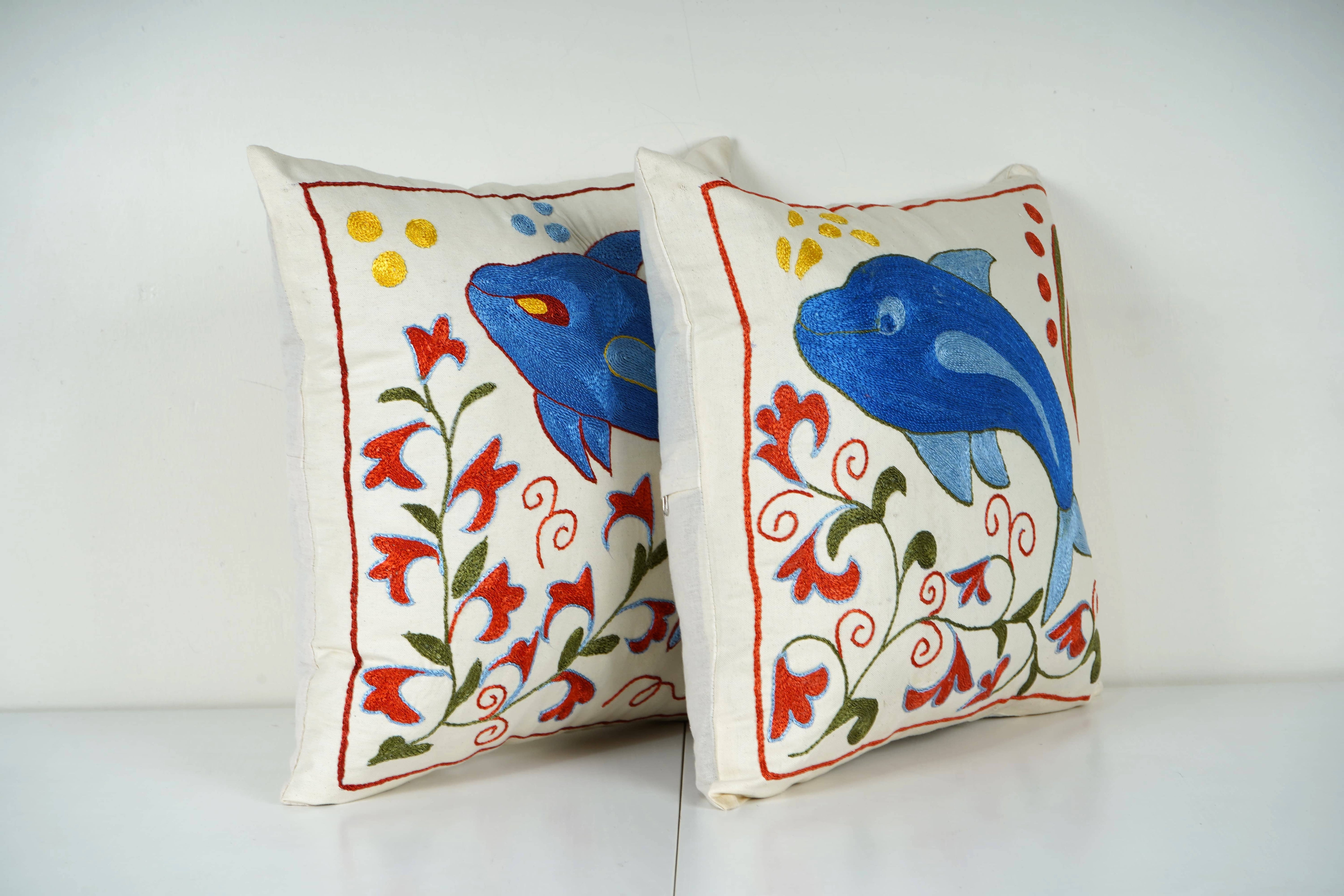 Fish Suzani Pillow Cover Set of 2 | 18'' x 18''