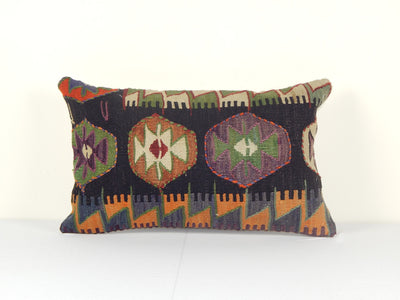 Organic Turkish Konya Kilim Pillow Cover - Oblong Tribal Cushion Cover - Ethnic House Decor 12" x 20"