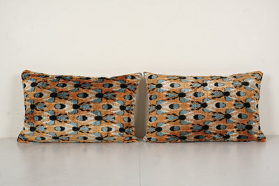 Set of Two Bronze Silk Ikat Velvet Lumbar Pillow Cover - Butterfly or HouseflyIkat Cushion - Animal Designer Couch Pillow Case 12" x 20"