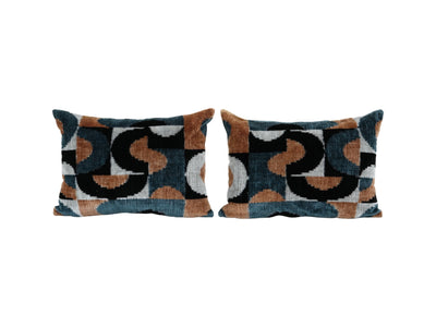 Pair of Silk Ikat Velvet Pillows - Set of Two Colorful Handloom Colorful Lumbar Cushion Covers - Unique Velvet Cushions for Sofa 16'' x 22''