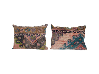 Set of Two Bohemian Wool Faded Brown Color Rug Pillow Cover, Pair Turkish Lumbar Pillow with Mid Century Design, Boho Pillow 18'' x 24''