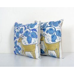 Vintage Embroidery Suzani Deer Pictorial Pillow Fashioned from a Mid-20th Century Samarkand Suzani 16'' x 16''