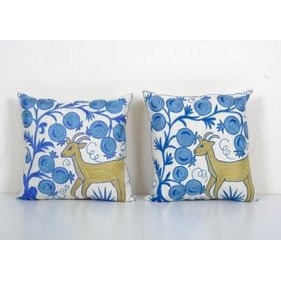 Vintage Embroidery Suzani Deer Pictorial Pillow Fashioned from a Mid-20th Century Samarkand Suzani 16'' x 16''