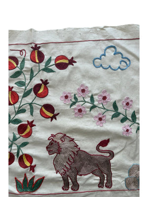 Bohemian Suzani Tablecloth - Central Asian Lion Embroidery, Tribal Decor 1'8'' x 4'9'' - detail 2
