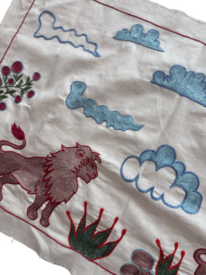Bohemian Suzani Tablecloth - Central Asian Lion Embroidery, Tribal Decor 1'8'' x 4'9'' - detail 4