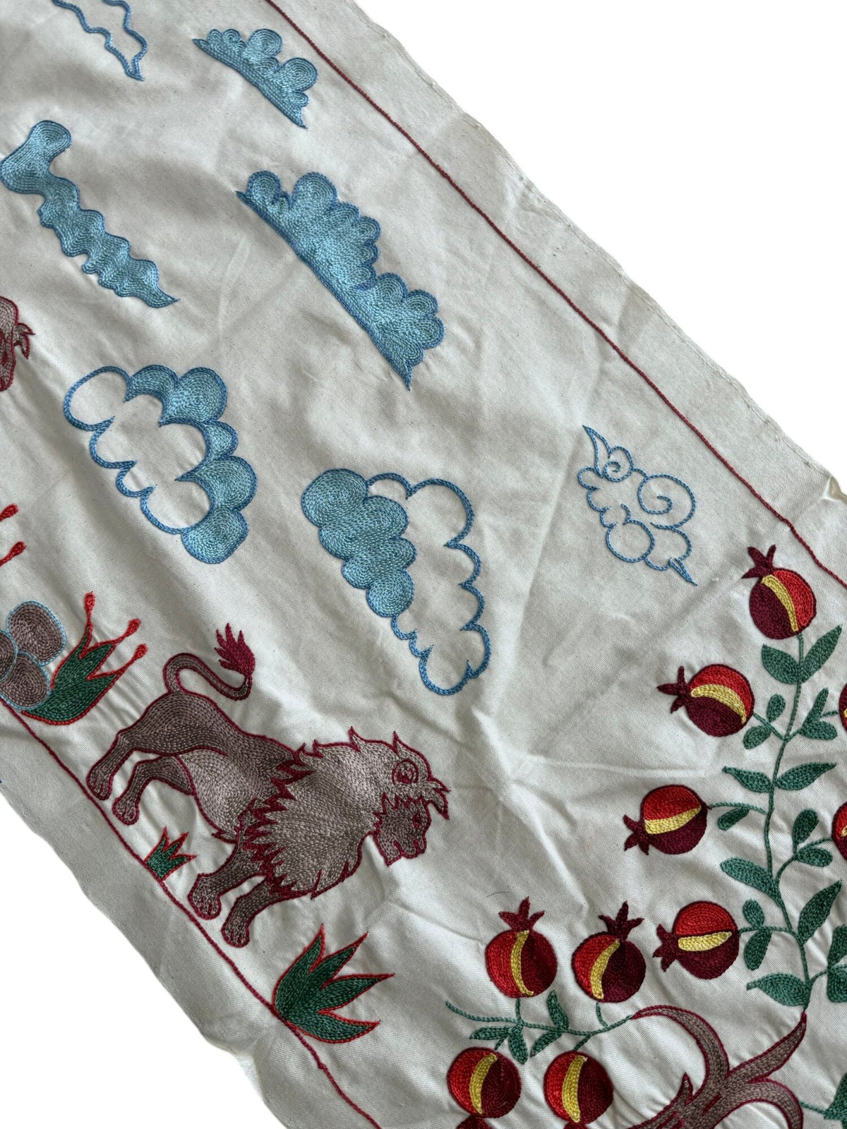 Bohemian Suzani Tablecloth - Central Asian Lion Embroidery, Tribal Decor 1'8'' x 4'9'' - detail 5