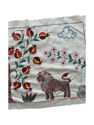 Bohemian Suzani Tablecloth - Central Asian Lion Embroidery, Tribal Decor 1'8'' x 4'9'' - detail 6