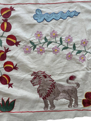 Lion Motif Suzani Embroidery Wall Decor - Hand-Embroidered Central Asian Embroidery 1'8'' x 4'8'' - detail 2