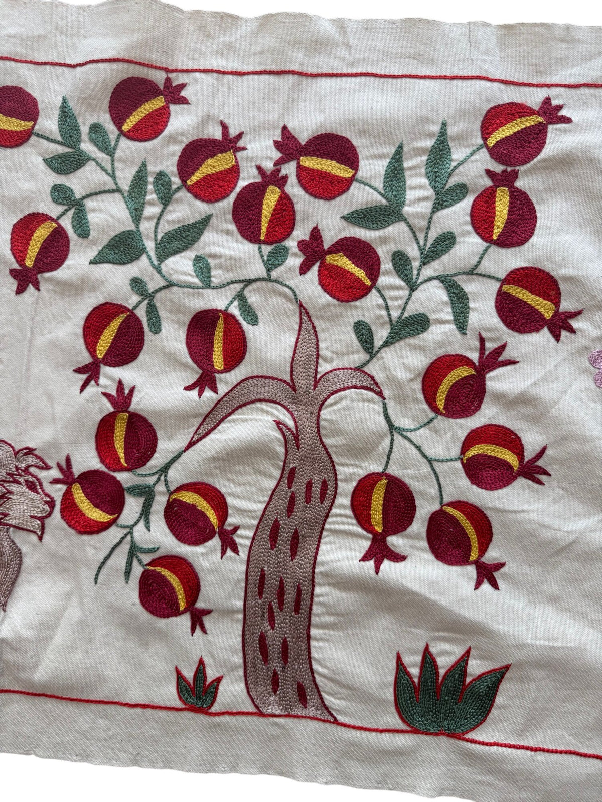 Lion Motif Suzani Embroidery Wall Decor - Hand-Embroidered Central Asian Embroidery 1'8'' x 4'8'' - detail 3