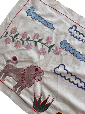 Lion Motif Suzani Embroidery Wall Decor - Hand-Embroidered Central Asian Embroidery 1'8'' x 4'8'' - detail 4