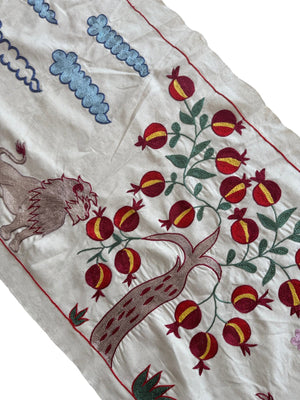 Lion Motif Suzani Embroidery Wall Decor - Hand-Embroidered Central Asian Embroidery 1'8'' x 4'8'' - detail 5