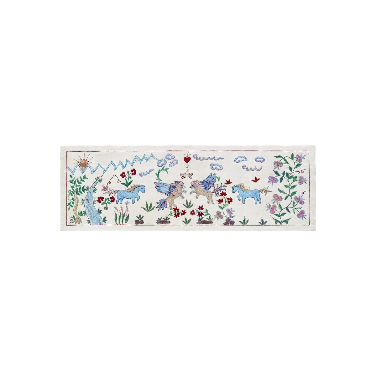 Decorative Winged Horse Suzani Tapestry - Bukhara Embroidered Cotton Runner 1'8'' x 4'8'' - front view