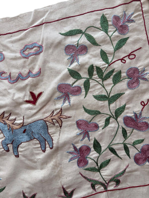 Decorative Winged Horse Suzani Tapestry - Bukhara Embroidered Cotton Runner 1'8'' x 4'8'' - detail 2