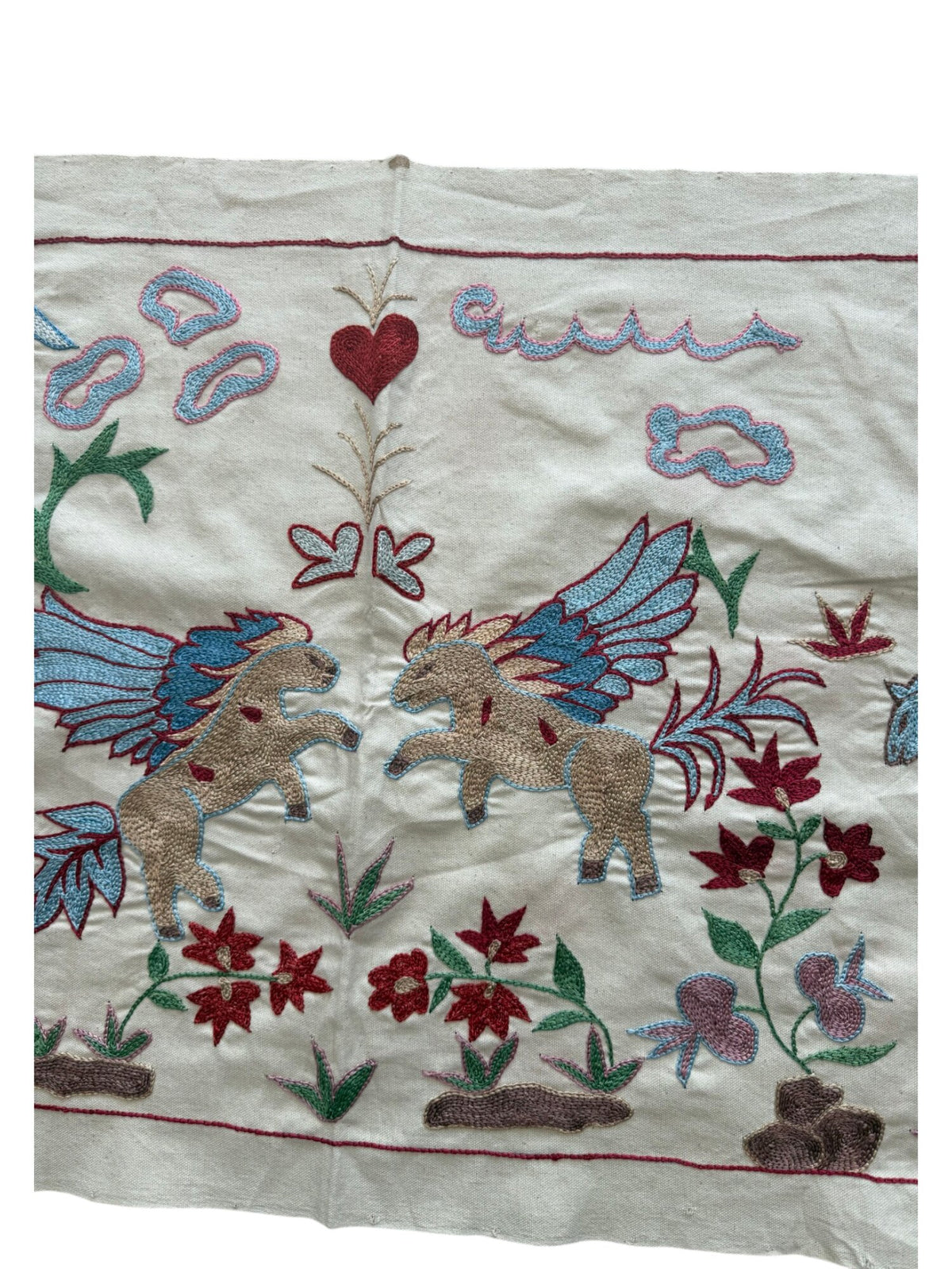 Decorative Winged Horse Suzani Tapestry - Bukhara Embroidered Cotton Runner 1'8'' x 4'8'' - detail 3
