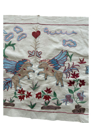 Decorative Winged Horse Suzani Tapestry - Bukhara Embroidered Cotton Runner 1'8'' x 4'8'' - detail 3