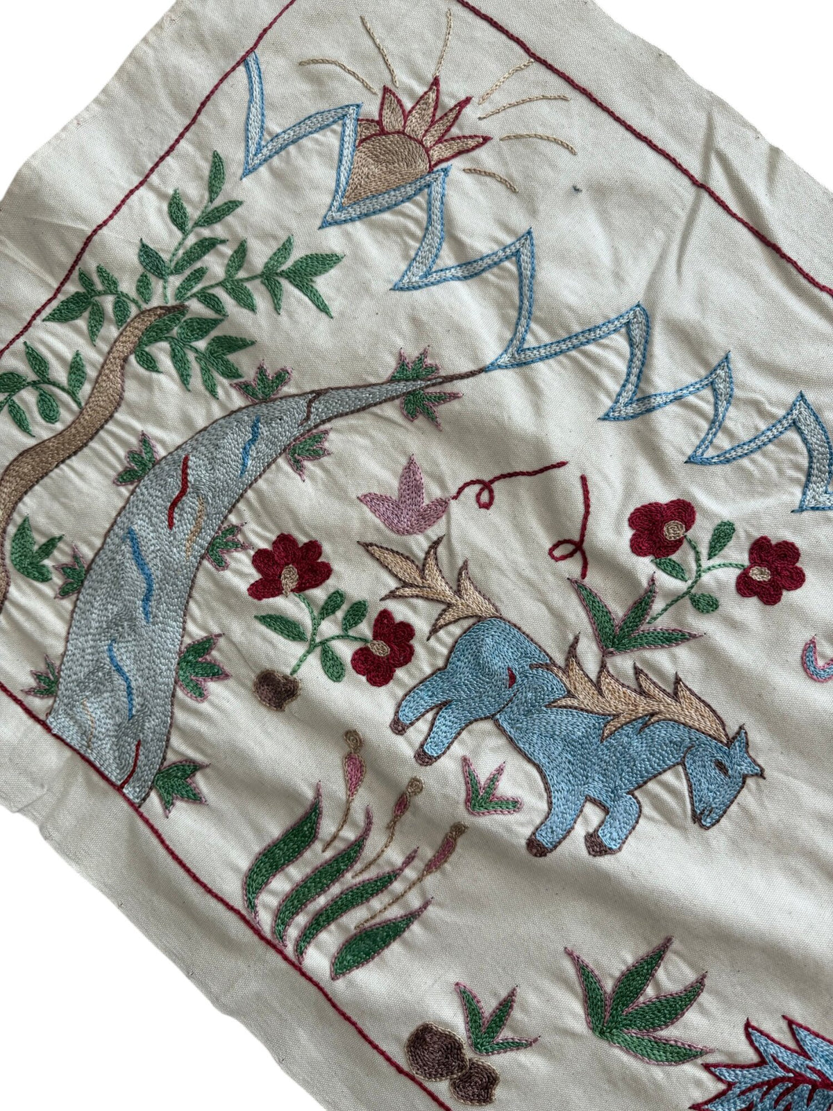 Decorative Winged Horse Suzani Tapestry - Bukhara Embroidered Cotton Runner 1'8'' x 4'8'' - detail 4