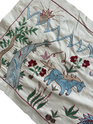 Decorative Winged Horse Suzani Tapestry - Bukhara Embroidered Cotton Runner 1'8'' x 4'8'' - detail 4