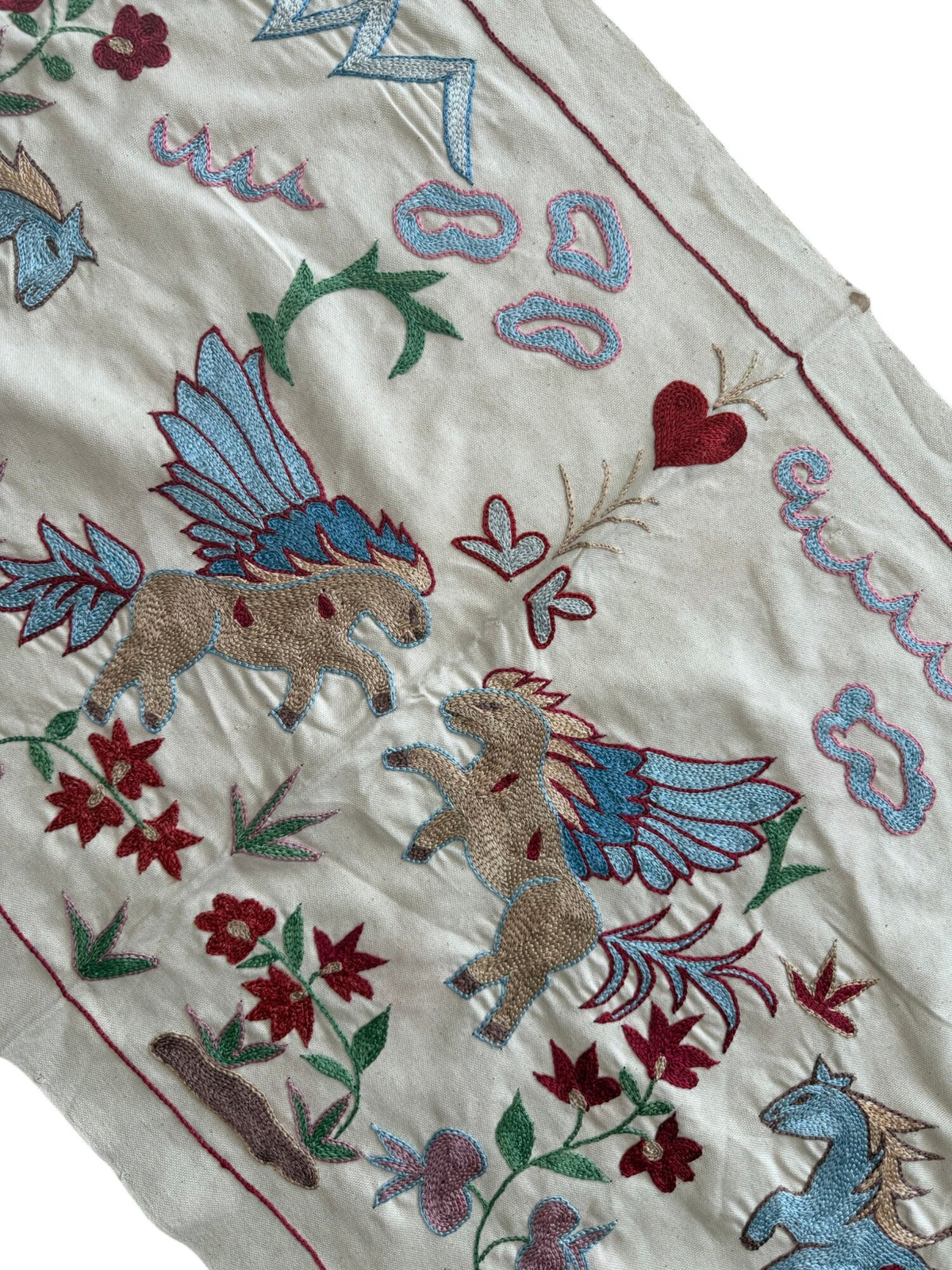 Decorative Winged Horse Suzani Tapestry - Bukhara Embroidered Cotton Runner 1'8'' x 4'8'' - detail 5