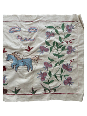 Decorative Winged Horse Suzani Tapestry - Bukhara Embroidered Cotton Runner 1'8'' x 4'8'' - detail 6