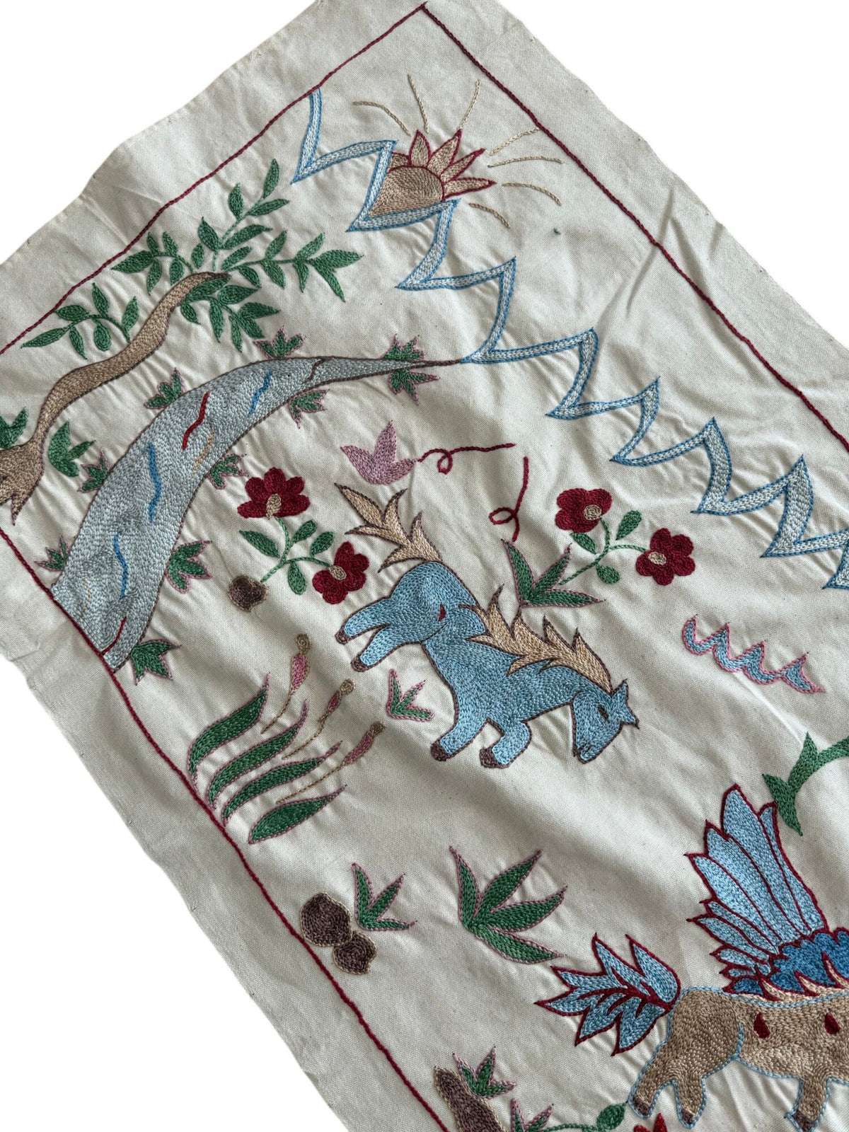 Decorative Winged Horse Suzani Tapestry - Bukhara Embroidered Cotton Runner 1'8'' x 4'8'' - detail 7