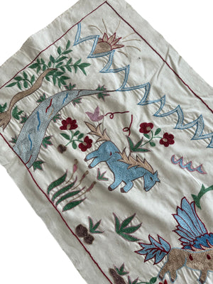 Decorative Winged Horse Suzani Tapestry - Bukhara Embroidered Cotton Runner 1'8'' x 4'8'' - detail 7