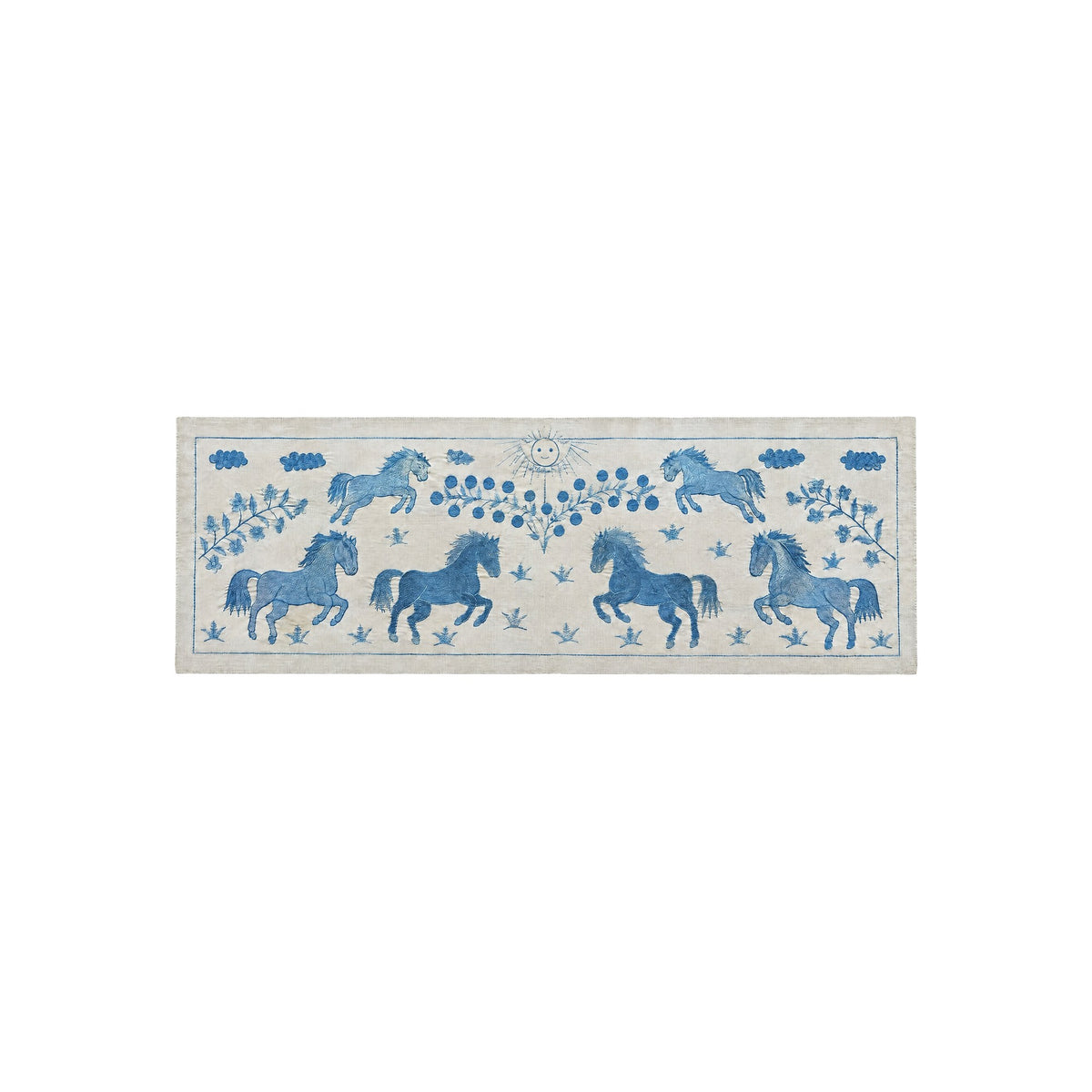 Artisan Uzbek Suzani Table Runner, Horse Embroidery, Cotton Embroidered Wall Hanging 1'8'' x 4'6'' - front view