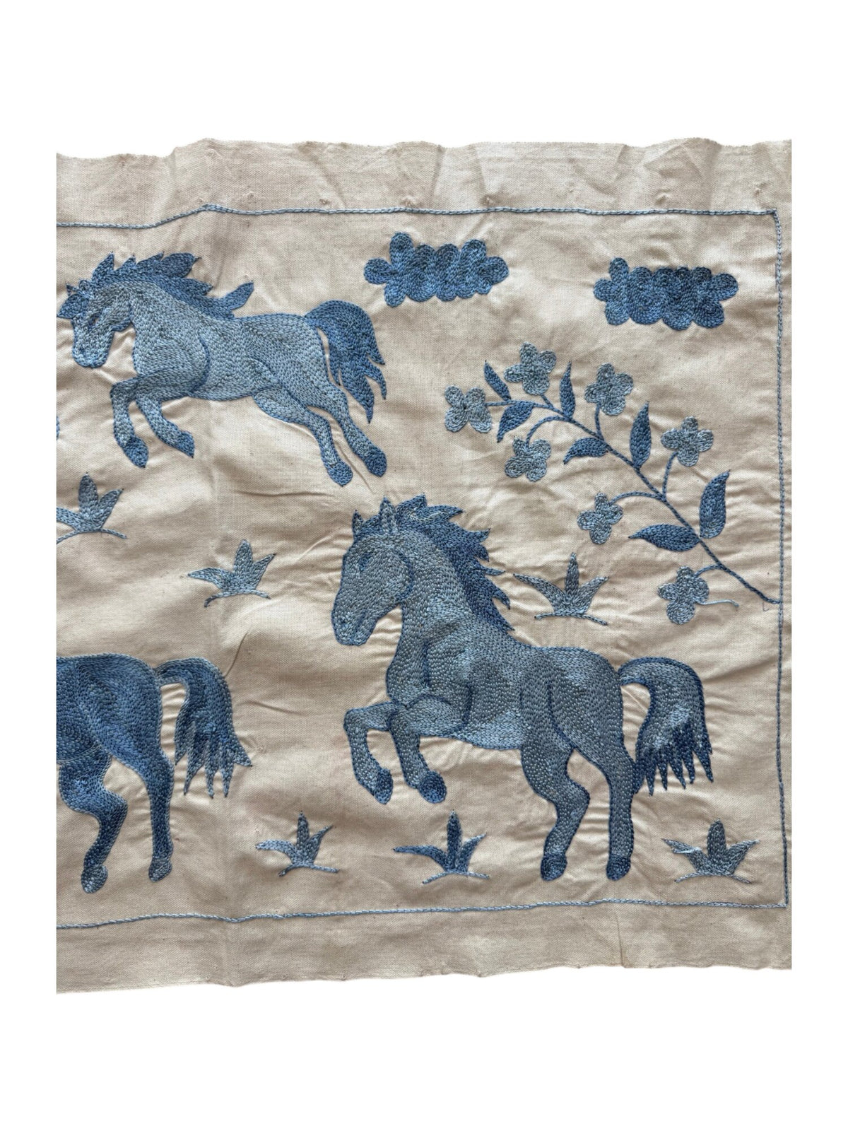 Artisan Uzbek Suzani Table Runner, Horse Embroidery, Cotton Embroidered Wall Hanging 1'8'' x 4'6'' - detail 2