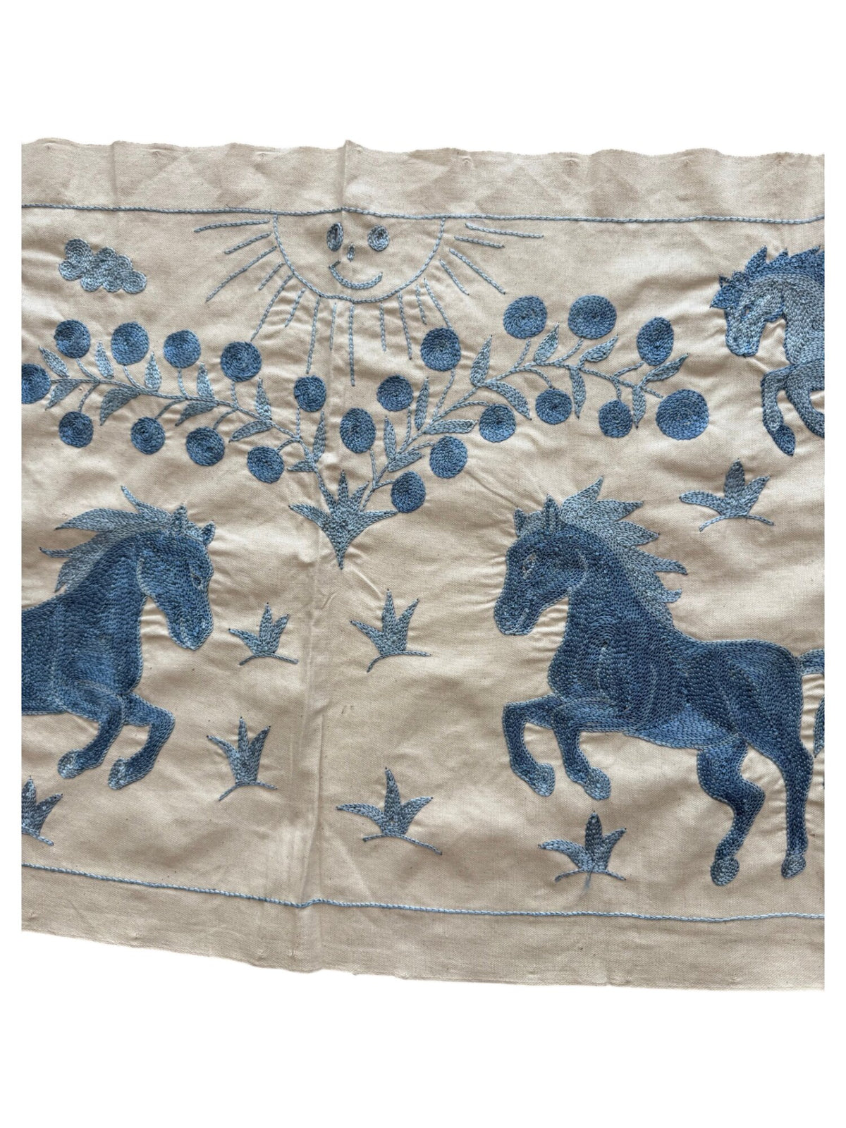 Artisan Uzbek Suzani Table Runner, Horse Embroidery, Cotton Embroidered Wall Hanging 1'8'' x 4'6'' - detail 3