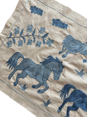 Artisan Uzbek Suzani Table Runner, Horse Embroidery, Cotton Embroidered Wall Hanging 1'8'' x 4'6'' - detail 4