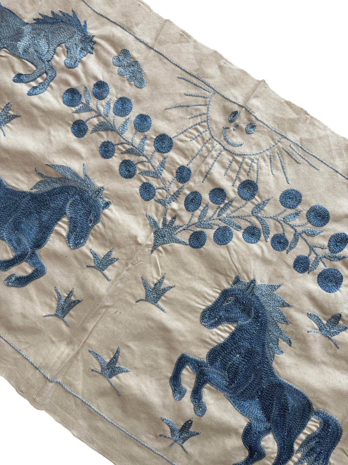 Artisan Uzbek Suzani Table Runner, Horse Embroidery, Cotton Embroidered Wall Hanging 1'8'' x 4'6'' - detail 5