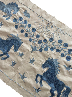 Artisan Uzbek Suzani Table Runner, Horse Embroidery, Cotton Embroidered Wall Hanging 1'8'' x 4'6'' - detail 5