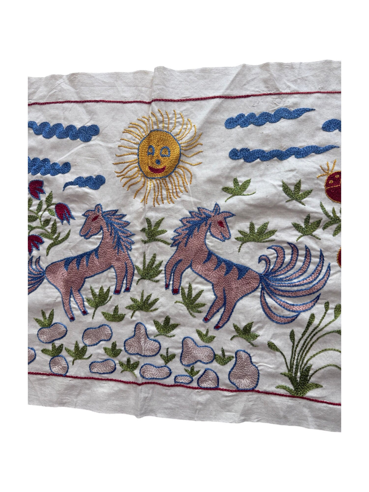 Embroidered Winged Horse Suzani Textile Wall Art - Uzbekistan Embroidered Cotton Runner 1'8'' x 4'8'' - detail 3
