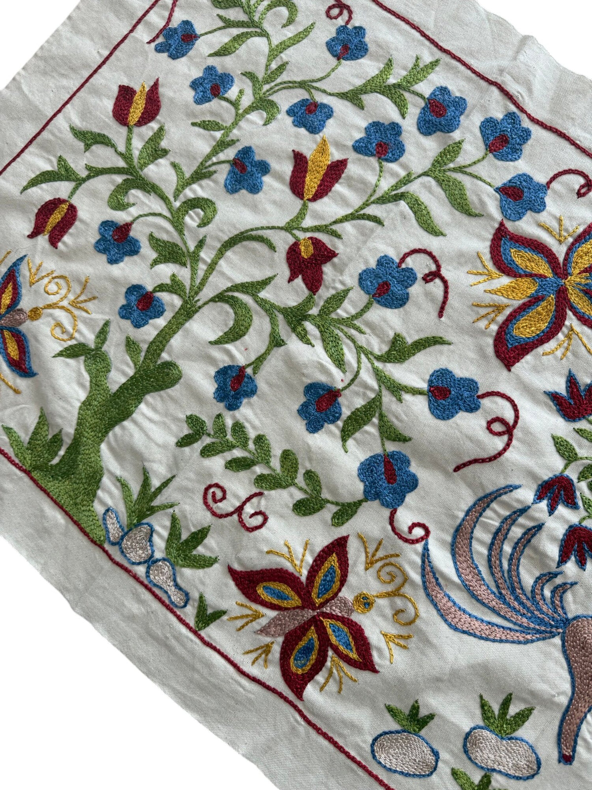 Embroidered Winged Horse Suzani Textile Wall Art - Uzbekistan Embroidered Cotton Runner 1'8'' x 4'8'' - detail 4