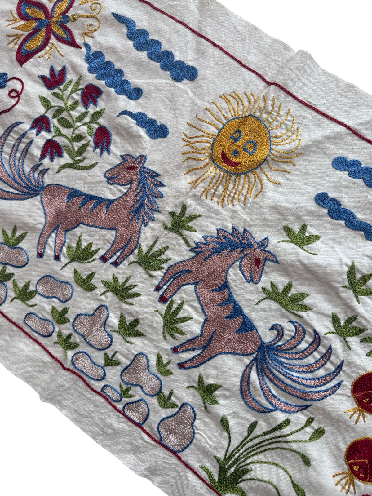Embroidered Winged Horse Suzani Textile Wall Art - Uzbekistan Embroidered Cotton Runner 1'8'' x 4'8'' - detail 5