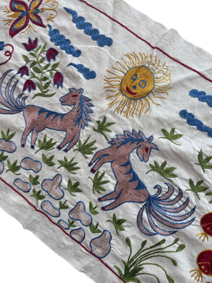Embroidered Winged Horse Suzani Textile Wall Art - Uzbekistan Embroidered Cotton Runner 1'8'' x 4'8'' - detail 5