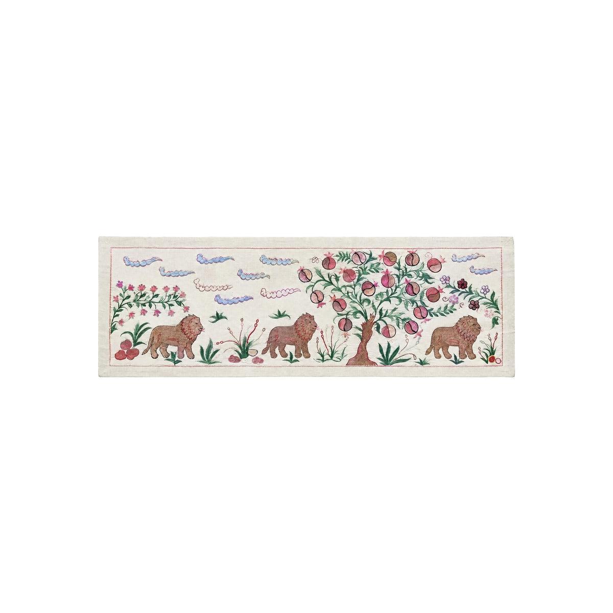 Lion Pictorial Suzani Tapestry, Artisan Uzbek Cotton Tablecloth 1'8'' x 4'8'' - front view