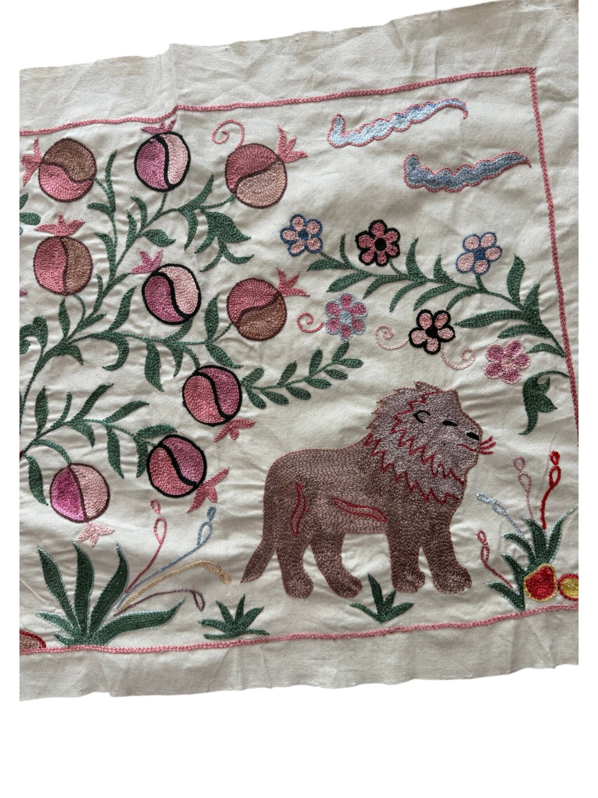 Lion Pictorial Suzani Tapestry, Artisan Uzbek Cotton Tablecloth 1'8'' x 4'8'' - detail 2