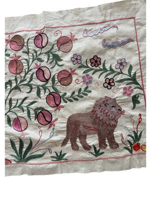 Lion Pictorial Suzani Tapestry, Artisan Uzbek Cotton Tablecloth 1'8'' x 4'8'' - detail 2