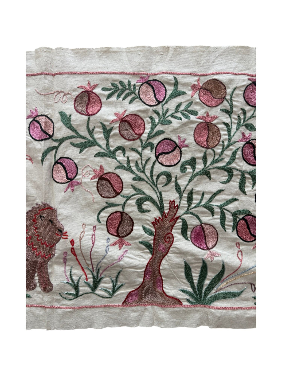 Lion Pictorial Suzani Tapestry, Artisan Uzbek Cotton Tablecloth 1'8'' x 4'8'' - detail 3