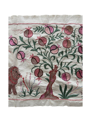 Lion Pictorial Suzani Tapestry, Artisan Uzbek Cotton Tablecloth 1'8'' x 4'8'' - detail 3