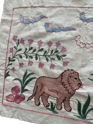 Lion Pictorial Suzani Tapestry, Artisan Uzbek Cotton Tablecloth 1'8'' x 4'8'' - detail 4