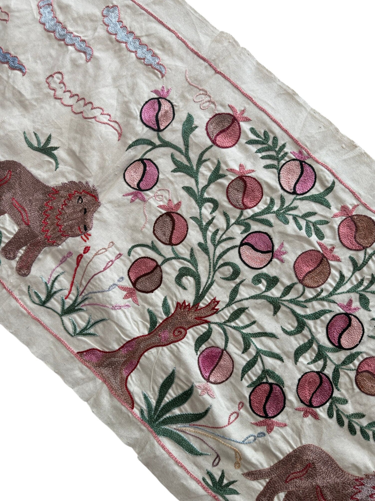 Lion Pictorial Suzani Tapestry, Artisan Uzbek Cotton Tablecloth 1'8'' x 4'8'' - detail 5